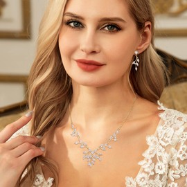 EVER FAITH Cubic Zirconia Party Marquise Jewellery Set Round Cubic Zirconia Vine Leaf Necklace Earring Set, Cubic Zirconia, Cubic Zirconia