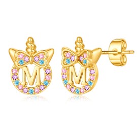 TINGN Unicorn Gifts for Girls - Hypoallergenic Unicorns Initial Earring for Women Girls S925 Sterling Silver Post Colorful Cubic Zirconia Gold Letter M Stud Earrings Birthday Present for Girl Kids