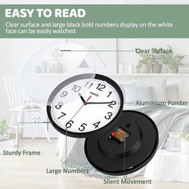 Yoobure Clock Black Wall Clock Silent Non Ticking Quality Quartz - 10 Inch Round Easy to Read for Home Office & School Decor Clock 2PA