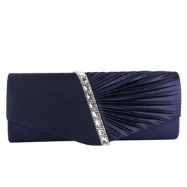 ele ELEOPTION Womens Pleated Satin Diamante Ladies Envelope Handbag Wedding Bridal Prom Handbag Clutch Bag Evening Party Purse Chain Bag (Navy Blue)