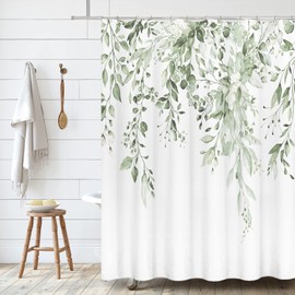 Tititex Lime Light Green Eucalyptus Shower Curtain Sets, Watercolor Leaves on The Top Plant with Floral Bathroom Decoration 72x72 Inch with Hooks
