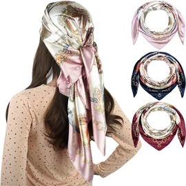 corciova 3 Pcs Square Hair Scarf Black Women Silk Headband Tie Sleeping at Night Bandanas Headscarf Carriage (Navy Red Pink)