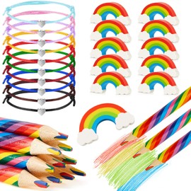 Tenare Pack of 30 Rainbow Stationery Set Including 10 Rainbow Colouring Pencils 10 Rainbow Erasers 10 Adjustable Heart Rope Bracelets for Children Women Party Rainbow Party Bags