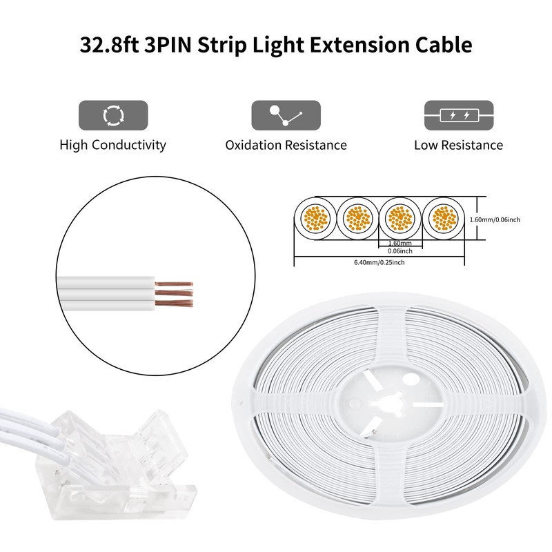 RGBZONE 3 Pin 10mm LED Connector Kit with 32.8ft 3