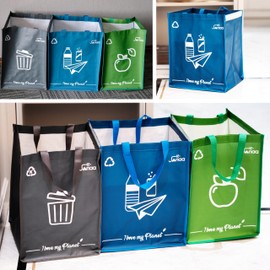 Janaa® | Premium Set of 3 Recycling Bags [Stylish Design] | Durable Sorting Bags for Recyclables, Organic & General Waste (Blue - Green - Grey)