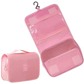 Hanging Toiletry Bag, Travel Wash Bag for Women Portable Folding Cosmetic Organizer Large Capacity Girls Makeup Bag Waterproof Shower Bag with Separate Compartment (Pink)