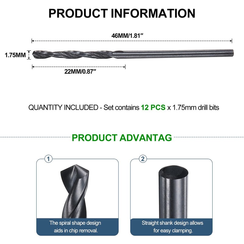 METALLIXITY Drill Bit (1.75mm) 12Pcs, 4241 High-Speed Steel Straight Shank