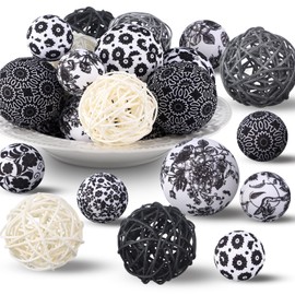 Halloscume 36 Pcs Decorative Fabric Balls for Centerpiece Bowls & Vases - 2.4 Inch Wicker Rattan Balls - Black & White