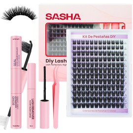 SASHA Pestañas Postizas Kit Completo 50D, Curvatura C, 144 Racimos  Mink Sintético 10-18mm,Incluye Pegamento,Removedor y Pinza, Pestañas Postizas...  