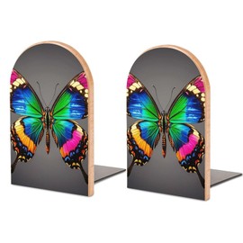 A Colorful Big Butterfly Wood Bookends Non-Slip Bookends with Metal Bases Desktop Book Stand Holders Decorative Book Stoppers Wooden Book Ends for Office Files Magazine