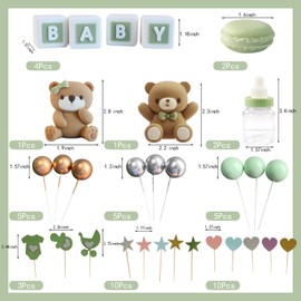 Scawim - Decoración para tartas de oso pequeño, diseño de oso 3D, 48 piezas, decoración para cupcakes, suministros para fiestas, diseño bohemio y mini revelación de género (verde)