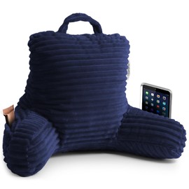 Nestl Cut Plush Striped Reading Pillow for Kids & Teens, Small Back Pillow, Back Support Pillow, Shredded Memory Foam Bed Rest Pillow with Arms, Navy Blue