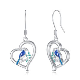 LONAGO Blue Jay Bluebird Heart Earrings 925 Sterling Silver Dangle Earrings Blue Bird Our Love Never Dies" Cute Bird Jewelry Lover Gifts for Women Mom