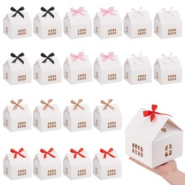 PH PandaHall 5 Colors 20 Sets House Shaped Gift Boxes Cookie Boxes with Small Windows White Cardboard Treat Boxes Wedding Favors with Ribbon for Christmas Birthday Party Gift Giving 12.5x12.5x13.5cm