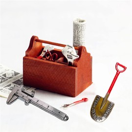 langjiao Miniature Tool Box Wooden Tool Box 9 Pieces Miniature Accessories, Scale 1/12 Miniature Dollhouse Set, Doll Repair Tool Model