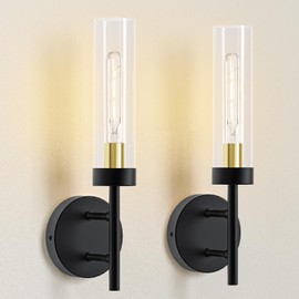 Wall Sconces Set of Two Hardwired Black and Gold Wall Sconces Set of 2 for Bathroom Mirror, Clearance - Modern Sconce Light Vanity Fixtures Wall Lighting w/Clear Glass Shade for Living Room Bedroom