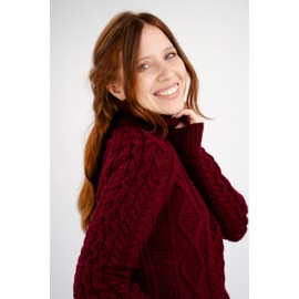 SAOL Women's Wool Sweater Irish Cable Knit Jumper Made in Ireland (Wine, XX-Large)