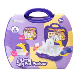PETERKIN | Little Pet Parlour Carry Case Toy | 15 piece, brightly coloured, plastic pet grooming salon set in a sturdy 24 cm carry case | Roleplay Toys | Ages 3+, Purple