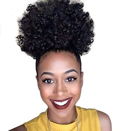 DEYNGS Afro Puff Bun With Bangs Ponytail Hairpieces African American Short Afro Kinky Curly Synthetic Drawstring Ponytail Hair Extention Hairpieces for Women (Bun with Bangs-Silver grey)