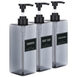 Segbeauty Spülmittelspender, 3 Stück 800ml Seifenspender Bad, Shampoo Spender aus Kunststoff, Handseifenspender mit Etiketten, Küchendeko (Grau, Quadratisch)