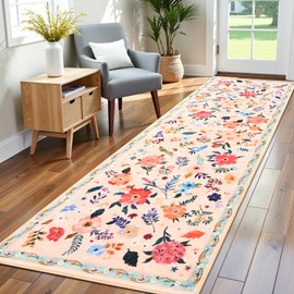 Terrug 2'6''x8' Beige Floral Area Rug for Hallways,Boho Machine Washable Runner Rugs with Non-Slip Blacking for Kitchen,Flower Carpet for Bedroom Entryway Laundry Floor Decor