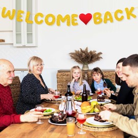 HJZHII Glitter Welcome Back Banner, Back to School Party Hanging Banner Homecoming Returning Home Retirement Party Decor First Day of School Classroom Decorations Photo Prop