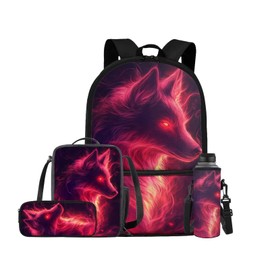 ELEDIZI Galaxy Wolf Backpack for Girls Boys Backpack with Lunch Box Water Bottle Pouch and Big Pencil Pouch 4PCS Set Bookbag with Front Pocket 17" Lightweight School Bag for Kids Back to School Gifts