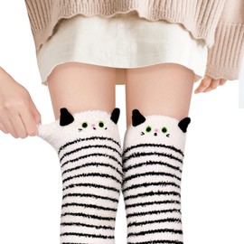 Benefeet Sox Womens Girls Cute Animal Over Knee High Fuzzy Socks Funny Cartoon Thigh High Stockings Warm Stripe Leg Warmers Novelty Slipper Socks