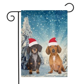 YANGHOME Dachshund Christmas Snowy Tree Burlap Garden Porch Lawn Flag Farmhouse Decorations Mailbox Decor Welcome Sign 12x18 Inch Small Mini Size Double Sided Flax Nylon Linen Fabric