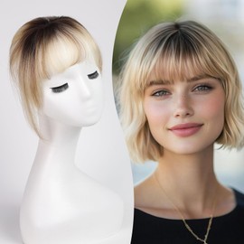 EMMOR Clip-In Bangs, 100% Human Hair Bangs with 3 Non-Slip Clips, 360° Cover Top Hairpieces with 5 Inch Wispy Fringes to Improve Women's Face Features (Ombre Bleach Blonde)