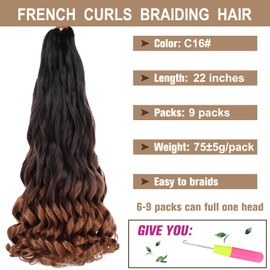 COOKOO 22 Inch 9 PCS French Curly Braiding Hair 75g/pack Ombre 3 Tones Synthetic Bouncy Braiding Hair for Goddess Box Braid Crochet Hair Soft French Curly Crochet Hair Extensions C16#