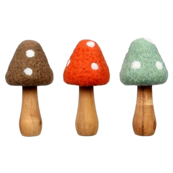 The Bridge Collection 5.5" Wool Mushroom Figurines - Set of 3 - Vintage Mushrooms for Home Decor - Set of Mushrooms for Hippy, Retro, Vintage Decor