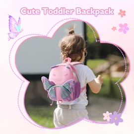 mommore Toddler Backpack for Girls 2-4, 3D Cartoon Mini Kids Backpack, Small Baby Backpack with Toddler Leash, Chest Buckle, Water-Resistant Pre-K School Bag, Butterfly