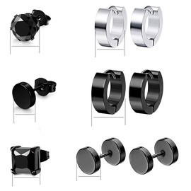 Stainless Steel Earrings Set, 12 Pairs, Allergy-Free Stud Earrings, Men's Stud Earrings, Creole Zirconia Stud Earrings Set, Fake Plugs Earrings, Hoop Piercing for Men and Women, Unisex, Black Silver