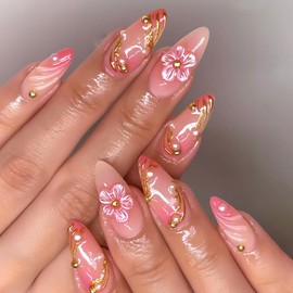 Pink Flower Press on Nails Medium Almond Artificial Acrylic Nail 3D Gradient Floral Gold Stripe with Pearl Texture Stick on Nail Full Cover Reusable Coffin Artificial Fingernails for Women Manicure