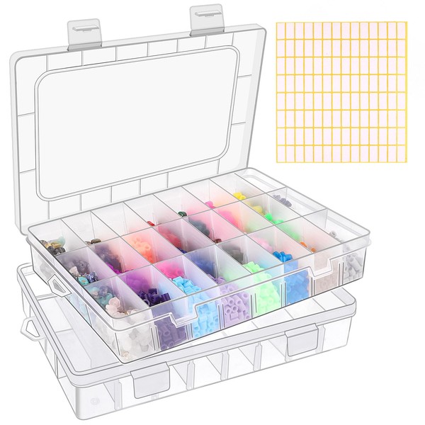 Tikplus 24 Compartments Sorting Box for Small Parts, Set of 2 Small Storage Boxes, Adjustable Plastic Assortment Box, Small Parts Organiser, Transparent Sorting Boxes for Jewellery Beads, Earrings,
