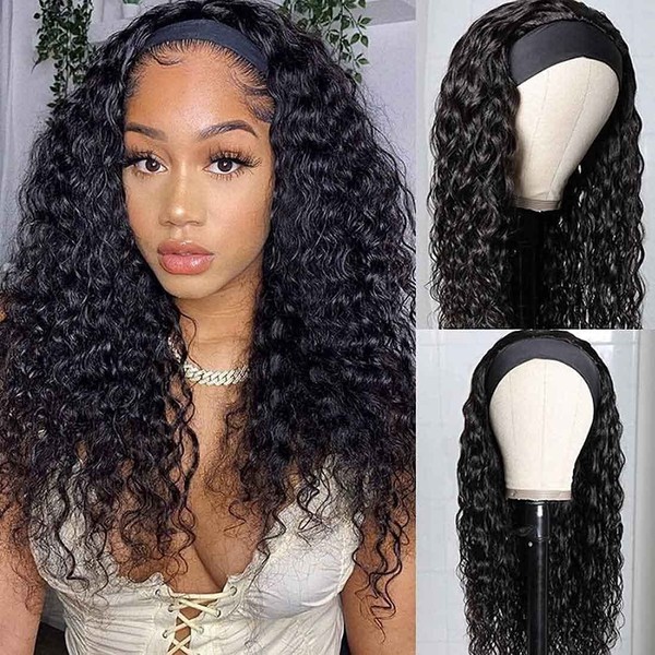 Beauty Forever Headband Human Hair Wigs Water Wave Glueless Human Hair Wigs With Pre-attached Scarf Non Lace Front Wigs for women Natural Color 150% Density 18 Inch