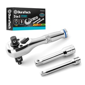 DURATECH Stubby Ratchet Set, 3-IN-1 Ratchet Handle, with 2 Extension Bars, 1/4", 3/8", 1/2" Drive Ratchet Wrench, 72-Tooth, Reversible Switch, Full-Polished Chrome Plating, Alloy Steel