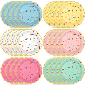 Tiangrid 48 Pcs 9 Inch Confetti Sprinkles Dessert Plates Sprinkled with Baby Shower Party Decoration Scalloped Golden Edge Disposable Thick Paper Plate Donut Ice Cream Wedding Birthday Supplies