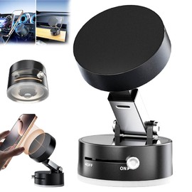 Foldable Portable Vacuum Magnetic Cell Phone Holder, 360° Vacuum Magnetic Suction Car Phone Mount, Double Sided Magnetic Bracket for Car/Mirror/Gym (Black)