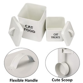 Pethiy Cat Food and Treats Containers Set with Scoop for Cats-Vintage Cream Powder-Coated Carbon Steel-Tight Fitting Lids-Storage Canister Tins-catfood-white