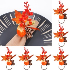 Thanksgiving Napkin Rings Set of 6 Fall Napkin Rings Fall Themed Harvest Napkin Holder Autumn Pumpkin Berry Maple Leaves Napkin Ring for Dinner Gathering Banquet Table Decoration(Berry Style)