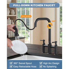 Bridge Kitchen Faucet Matte Black: 3 Hole Solid Brass Farmhouse Kitchen Faucet with Pull Down Sprayer, 2 Handle 8 Inch Centerset High Arched Kitchen Faucet with 360° Swivel Spout