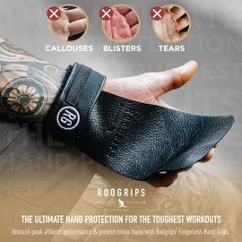 RooGrips Fingerless Premium Leather Hand Grips for Gymnastic Bars, Cross Fit Gym & Home Workouts, Pull Up Bars & Weightlifting - The Most Durable Palm Guard from Rips and Blisters. Size Large.