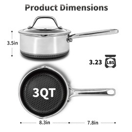 Bakoniion Hybrid Nonstick 3 QT Saucepan with Lid, Stainless Steel Honeycomb Pot with Two Pour Spouts,Compatible with All Cooktops,Dishwasher and Oven Safe