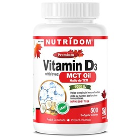Nutridom Vitamin D3 with Coconut MCT Oil - 1,000IU (25mcg) per serving (500 Softgels) Supports Immune Fuction, Muscle & Bone Health, Non-GMO, Gluten Free, Made in Canada
