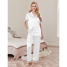 Ekouaer Women's Silk Pajamas Set Short Sleeve Satin Pjs 2 Piece Soft Loungewear with Pants Button Down Sleepwear,Rose Red,XXL