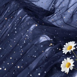 Horbaunal Navy Blue Glitter Tulle Fabric Rolls 54 Inch Wide by 1 Yard Star Moon Sequin Tulle Rolls, Tulle Netting Fabric for Tutu Skrits DIY Craft Wedding Backdrop Party Decorations