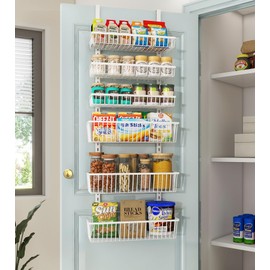 Mefirt Over The Door Pantry Organizer, Pantry Organization and Storage, 6-Tier Deep Baskets Hanging Heavy-Duty Metal, Wall Spice Rack Seasoning Shelves for Home & Kitchen, Laundry Room Bathroom, White