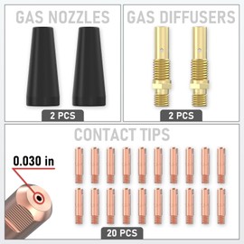 YESWELDER Flux Core Welding Gun Accessories Kit 24Pcs, 20*.030 Tips & 2*Rubber Wood Gasless Flux Core Nozzles & 2*Gas Diffusers,Compatible with Lincoln & Eastwood & More Gasless MIG Welding Torch